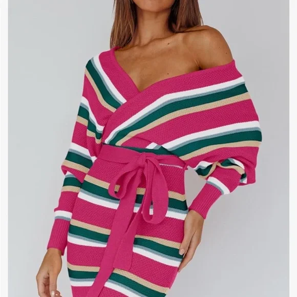 Striped Pink Wrap Sweater belted dress - Picture 12 of 13